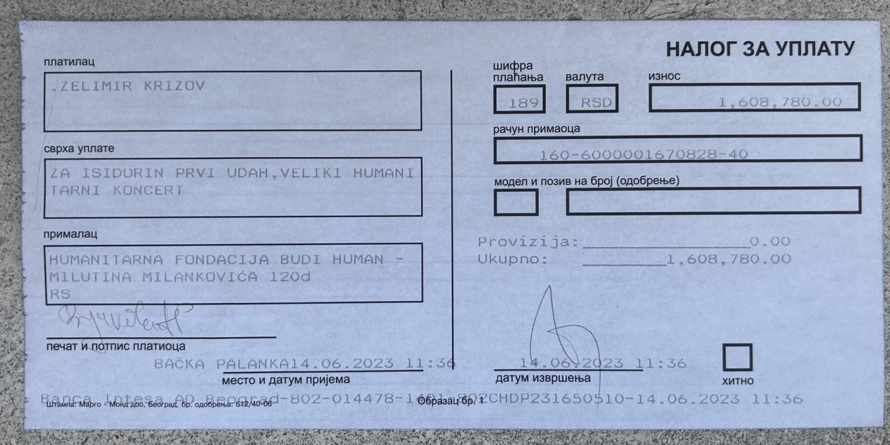 Sa Humaniratnog koncerta za Isidoru 1.608.780 dinara
